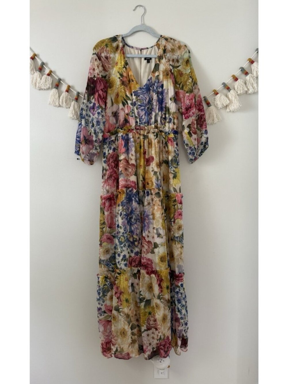 Express Vibrant Floral V-neck Ruffle Tiered Maxi Dress Cottagecore Whimsical M